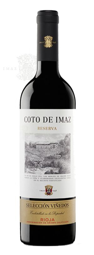 una botella de vino coto de imaz reserva selección viñedos